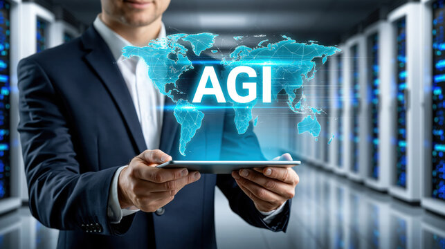 Businessman holding tablet with glowing world map and AGI hologram, futuristic data center, confident technological innovation and global