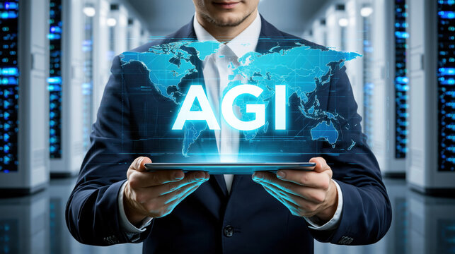 AGI holographic world map over tablet in data center, businessman holding device with futuristic blue interface and global network connection