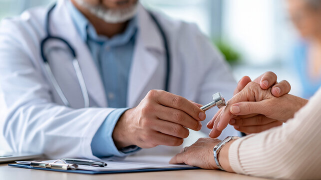 Male physician checking an elderly patient's reflexes with a reflex hammer, neurological examination, geriatric diagnostics, routine checkup, medical assessment, clinical