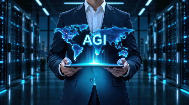 Businessman holding tablet projecting holographic world map and AGI lettering with data center rack lights creating cinematic futuristic corporate