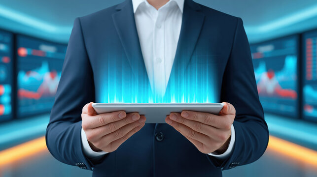 Businessman holding tablet with glowing data visualization and futuristic blue finance graphs in modern trading room