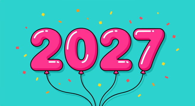 2027 pink balloon numbers with strings and colorful confetti on turquoise background
