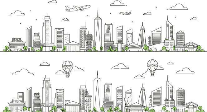 Modern city skyline line art banner set featuring urban skyscrapers skyscrapers airplanes and hot air balloons