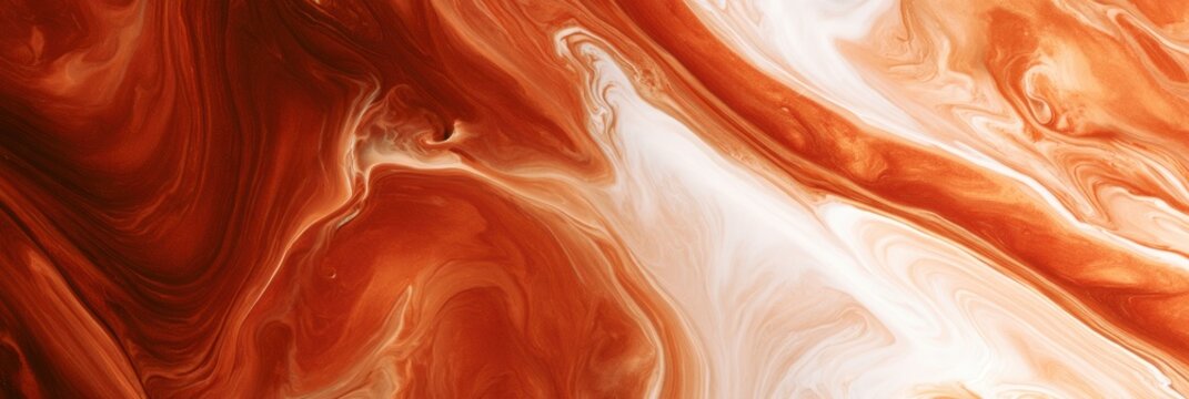 The view shows deep warm brown-orange sienna fluid mixing with bright white cream. The colors create an abstract pattern reminiscent of sunset tones.