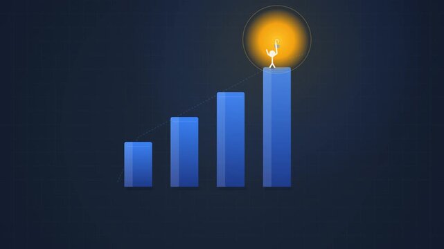 High-quality 4K motion graphic animation featuring a minimalistic stick figure climbing a financial bar graph to reach a glowing light bulb on a key. Progress, achievement, and business success concep