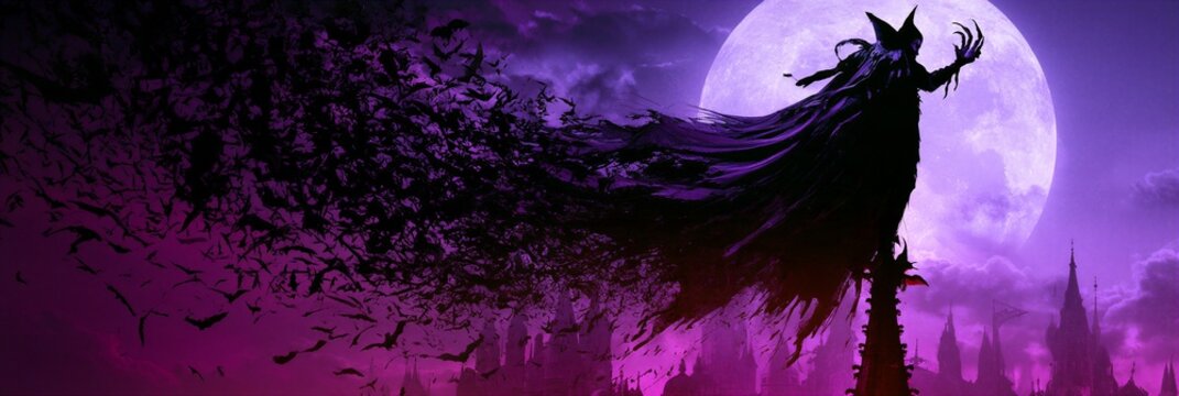 Menacing vampire silhouette standing on gothic castle spire, clawed hand raised, cape dissolving into swirling bats under glowing purple full moon above dark clouds and gothic towers