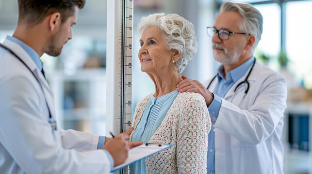 Doctor measuring the height of an elderly woman with a medical stadiometer, geriatric assessment, posture and spinal health, routine screening, healthy aging, clinical