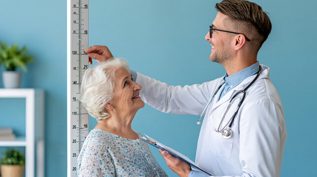 Doctor measuring the height of an elderly woman with a medical stadiometer, geriatric assessment, posture and spinal health, routine screening, healthy aging, clinical
