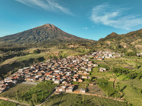 Aerial view of Canggal village nestled among lush agricultural fields and rolling hills with a prominent mountain in the background in Candiroto, Central Java, Indonesia.