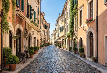 Fototapeta premium Quiet cobblestone street lined with colorful historic buildings, arched doorways, potted plants, and outdoor cafe seating in warm sunlight.
