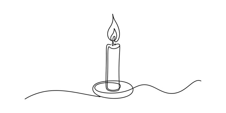 A single continuous line drawing of a burning candle with flame on a small round candle holder