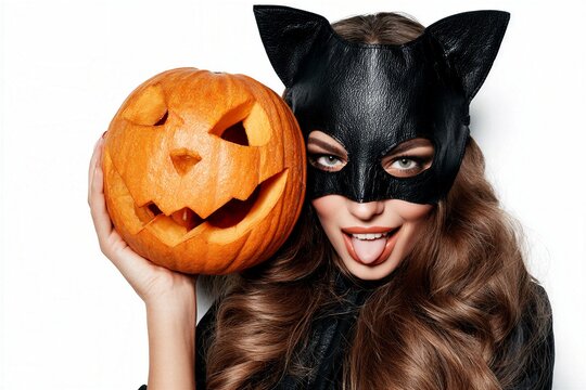 Woman in black leather cat mask with pointed ears holding carved jack-o-lantern pumpkin close to face tongue out studio Halloween portrait