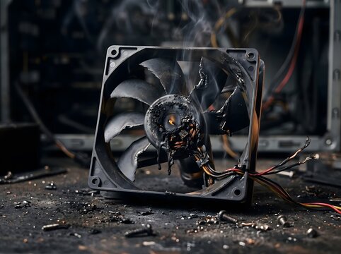 Burnt and melted computer cooling fan emitting smoke due to overheating and hardware failure