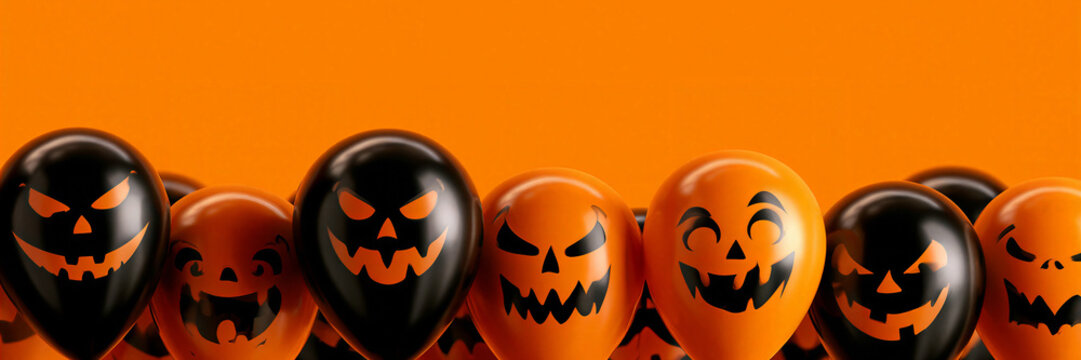 Tight row of glossy black and orange Halloween balloons with hand painted jack o lantern faces and strings, floating on solid orange studio background with bright reflections