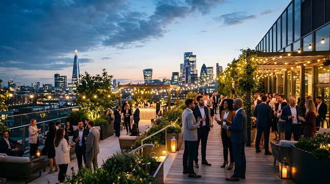 Diverse professionals networking at evening rooftop corporate event