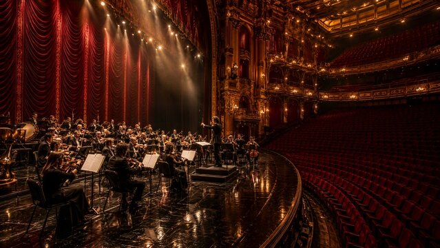 Grand Overture: An orchestra performs on a richly decorated stage in a opulent theater, illuminated by dramatic spotlights, with empty velvet seats suggesting an expectant audience.