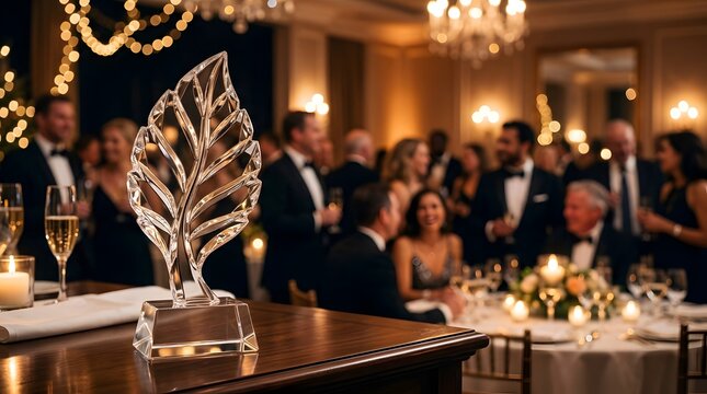 Elegant crystal leaf trophy standing on a wooden table at a formal gala dinner event