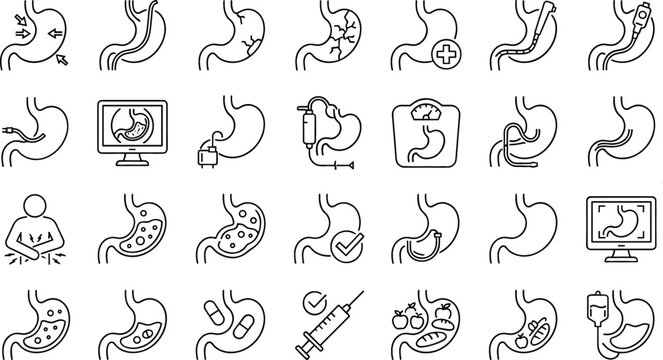 Stomach health line icon set demonstrating gastroenterology procedures endoscopy surgery digestion issues treatment and gastroscopy diagnostic vector