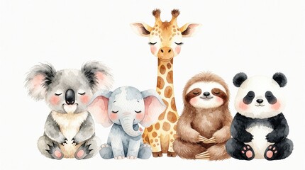 Fototapeta premium Cute watercolor animals koala giraffe elephant sloth panda meditate peacefully in zen lotus pose. Adorable baby wildlife characters sit calmly for relaxation mindful practice.