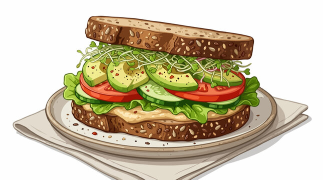 A delicious and healthy sandwich with whole wheat bread, avocado, tomato, cucumber, lettuce, and sprouts, served on a plate