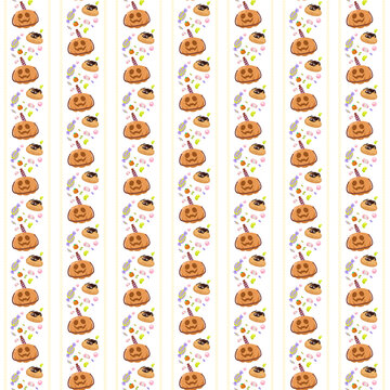 Transparent Halloween striped seamless pattern with witch hat pumpkins and candy