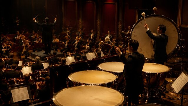 Orchestral Powerhouse: The thunderous percussion section of a grand symphony orchestra comes to life, with timpani players striking their drums in unison.