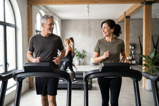 Hombre y mujer maduros haciendo ejercicio cardiovascular en cintas de correr en gimnasio