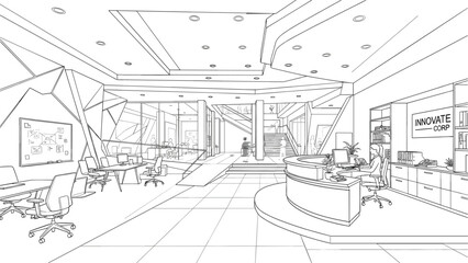 Fototapeta premium Modern corporate lobby interior perspective sketch featuring a receptionist desk workspace seating and geometric ceiling layout