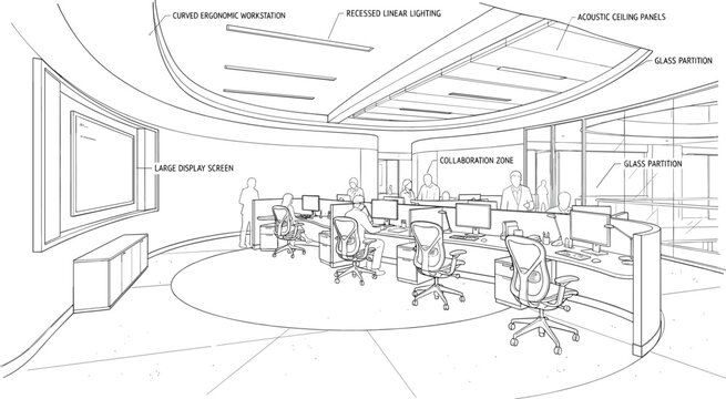 Modern corporate office interior perspective sketch displaying curved ergonomic workstations collaboration zone glass partition and digital screens