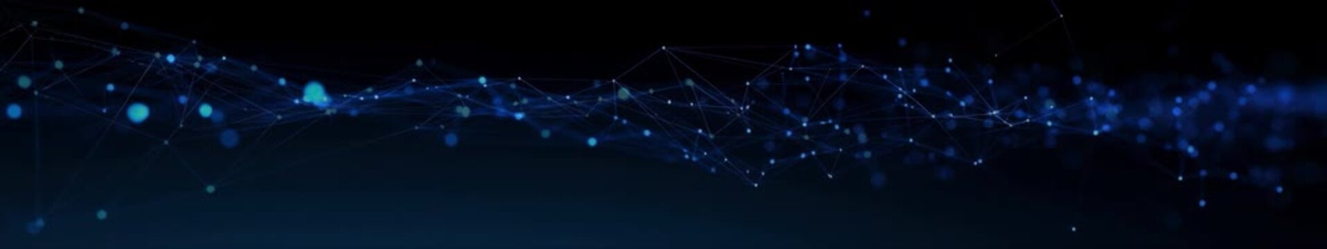 Panoramic Seamless Loop Animation of Glowing Blue Network Connections with Floating Nodes and Depth of Field, Widescreen Dark Background