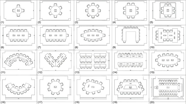 Conference room table seating arrangement top view vector set featuring diverse office boardroom layout options template