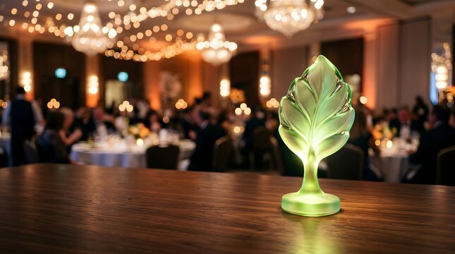 Glowing green glass leaf award on wooden table at gala event