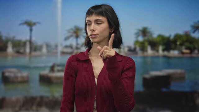 Young hispanic woman pointing her finger toward camera in front of a fountain on a busy street; denial.