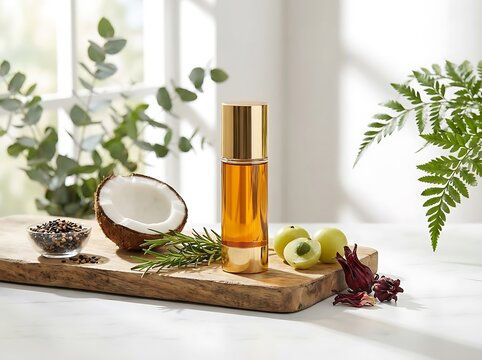 Glass bottle of natural beauty oil with fresh coconut and green herbs on a wooden kitchen board. thickening hair oil