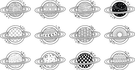 Saturn planet ring cosmic icon collection showing twelve decorative astronomy symbols with unique geometric textured surface patterns © Bappi
