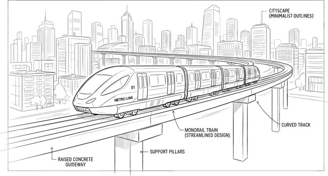 Modern monorail metro train line drawing running on raised curved concrete guideway tracks against city skyscraper background