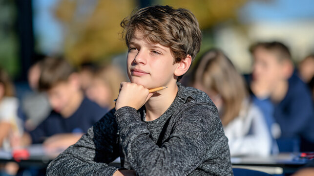 A Polish boy squints at a whiteboard math problem during a quiet classroom test, pencil tapping chin in concentration, autumn afternoon sun slanting across rows of focused pupils, elementary mathema