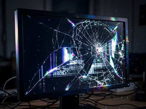 Broken flat screen computer monitor with cracked glass and glitching display