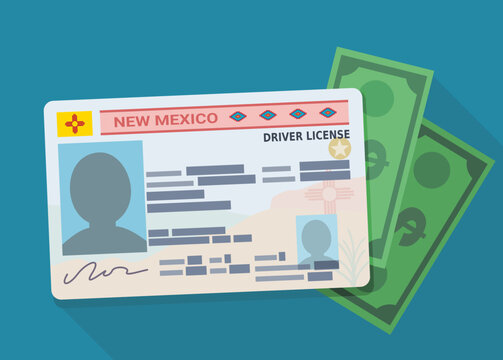 New Mexico Real ID driver license card with cash banknotes, symbolizing renewal fees, legal document costs, and identity verification expenses.