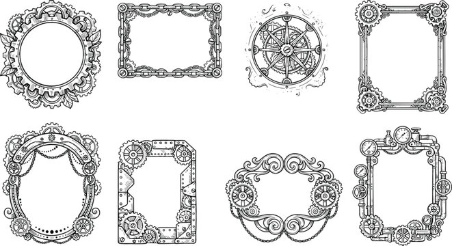 Steampunk borders and vintage frame vector set decorated with industrial gears mechanism chains wheels and metallic pipes
