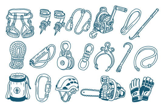 Hand drawn arborist climbing gear set with harness, climbing spurs, ropes, carabiners, pulleys, ascenders, lanyards, helmet, rope bag, chainsaw and protective gloves in blue line art style.