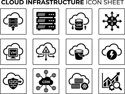 Cloud Infrastructure Icon Sheet &ndash; 12 Black Vector Icons for Server, Database and DevOps Technology