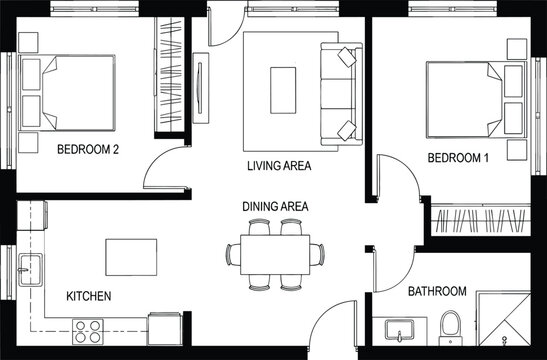 Residential apartment house floor plan blueprint vector design showcasing bedrooms kitchen bathroom living and dining layout configurations