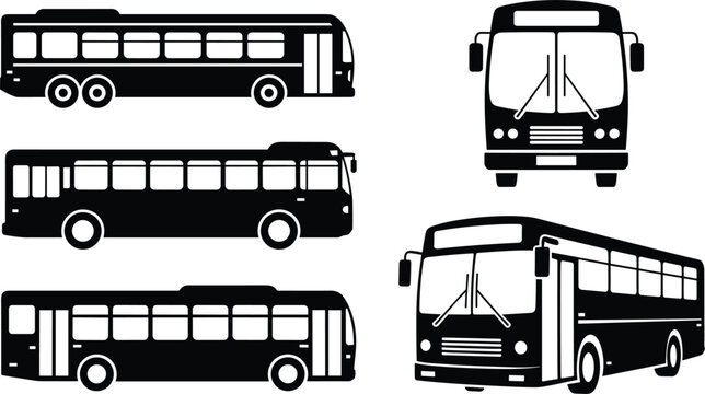 Public transit city bus silhouette set from different angles for urban transport vehicle icon collection vector illustration