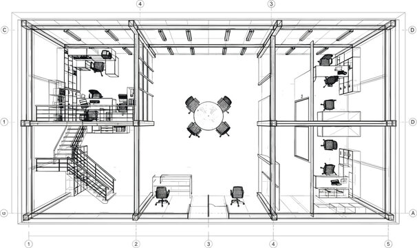 Architectural office floor plan wireframe perspective layout vector blueprint showing workstations conference room stairs and desks