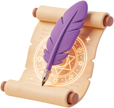 Cute 3D rendered purple magic feather quill writing on a glowing spell scroll paper on isolated background