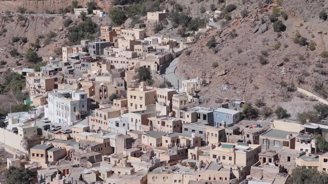 Aerial view of Wadi Bani Habib village in the mountains, Oman.
