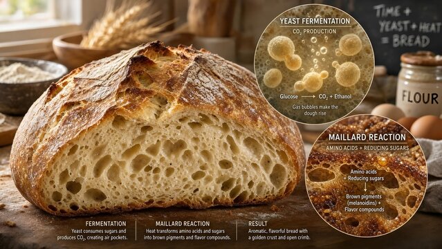 Rustic artisan bread loaf with a scientific cross section inset highlighting cellular air pockets formed by yeast fermentation and flavor molecules from the maillard reaction