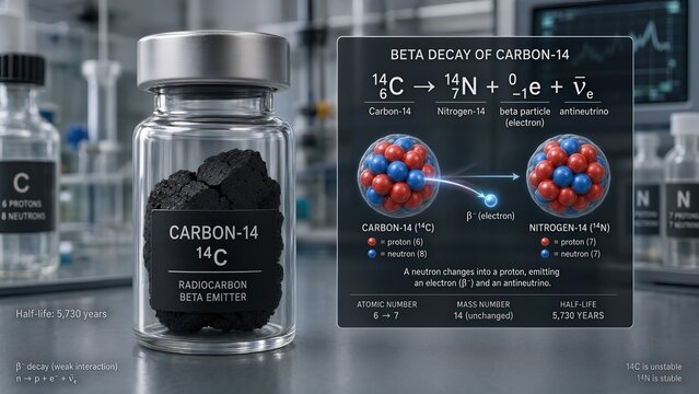 Scientific model of a carbon 14 sample featuring a zoomed nuclear inset depicting a 14c atom emitting a beta particle electron to decay into nitrogen 14 with equation
