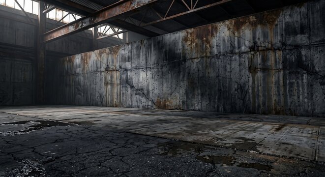 Large empty industrial warehouse building with concrete floor and metal roof structures in dim light
